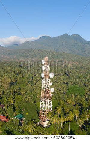 Telecommunication Tower, Communication Antenna On Camiguin Island, Philippines. Repeaters On A Metal