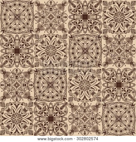 Vector Golden Tribal Symmetric Tiled Seamless Pattern On Dark Background.