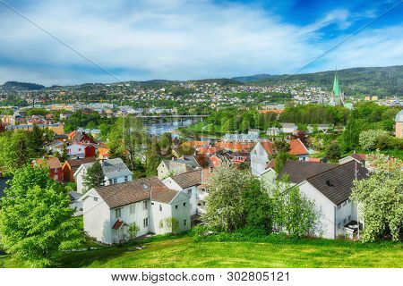 Aerial View Of The Center Of The City Trondheim, The River Nidelva, The Cathedral Nidarosdomen And R
