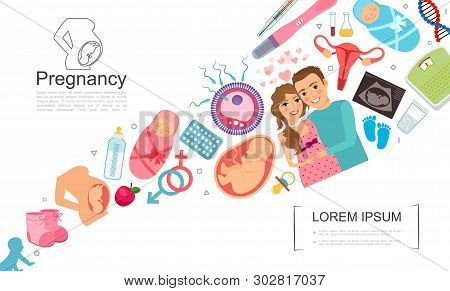 Flat Pregnancy Colorful Concept With Happy Man Pregnant Woman Fetus Unborn Baby Child Shoe Pills Spe