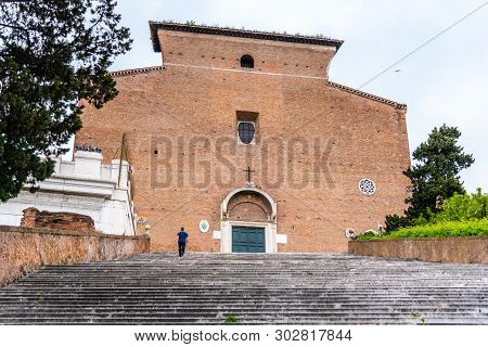 Long And Wide Staircase Leading To Basilica Of Santa Maria In Aracoeli, Rome, Italy