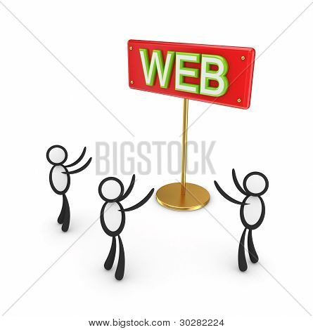 3D kleine Leute um rote Bunner mit einem Wort-Seo.
