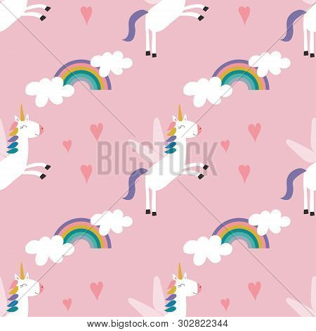 Seamless Pattern Of Unicorns, Rainbows, And Hearts On A Pink Background. Great For Textile Print, Pa