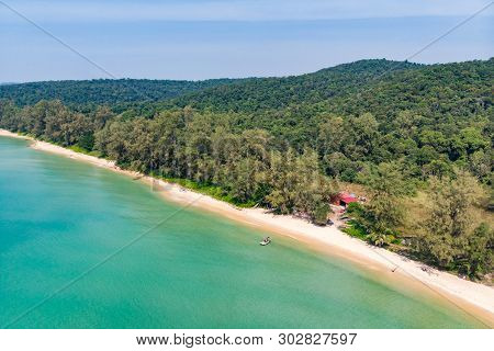 Sand On White Beach Top View Background, Holiday Design Background. Coast Of Island Koh Rong Samloem