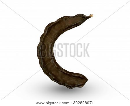 Close-up One Dried Brown Carob Fruit Isolated On White Background. Natural And Healthy Food Ingredie