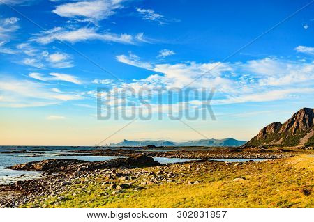 Seascape On Andoya Island. Scenic Rocky Coastline Near Nordmela Village Vesteralen Archipelago, Norw