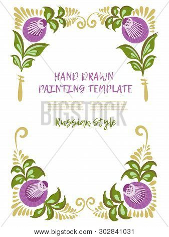 Traditional Painting In Russian Style Template. Composition Frame Folk Painting Gorodec With Place F