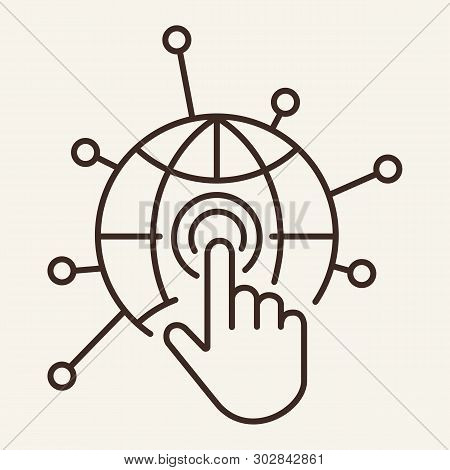 Internet Button Line Icon. Globe, Connection Links, Hand Pushing Button. Marketing Concept. Vector I
