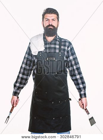 Roasting And Grilling Food. Man Hold Cooking Utensils Barbecue. Tools For Roasting Meat Outdoors. Pi