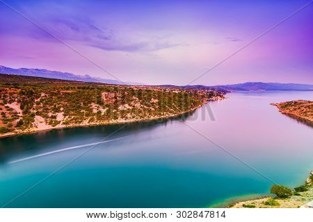 Colorful Wide Angle Scenic View Over Novigrad Sea And Maslenica Town From Maslenica Bridge In Dalmat