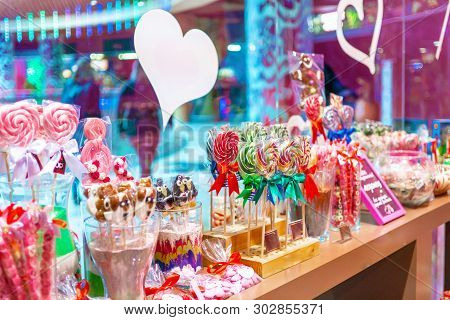 Colorful Caramel Candies In The Store. Confectionery Candy Shop Lollipops Or Caramel