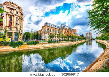 Antique Building View In Old Town Bucharest City - Capital Of Romania And Dambrovita River. Buchares