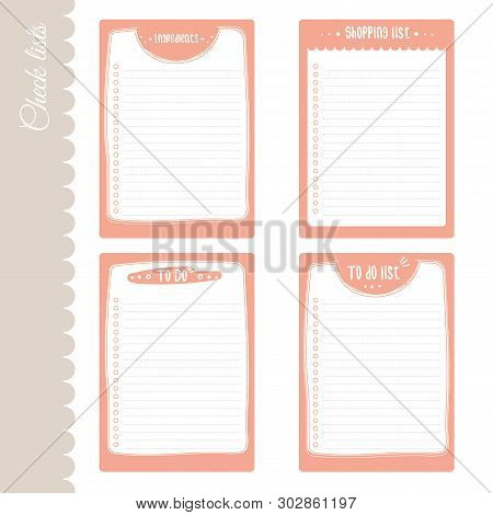 Vector Set Of 4 To Do Lists Templates. Check Lists With Place For Text. Cute Print For Planner, Note