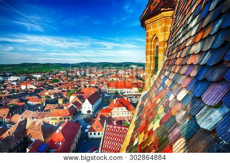 View From Bell Tower Of St Mary Cathedral On The Old Town In Sibiu City. Aerial Cityscape Of Sibiu T