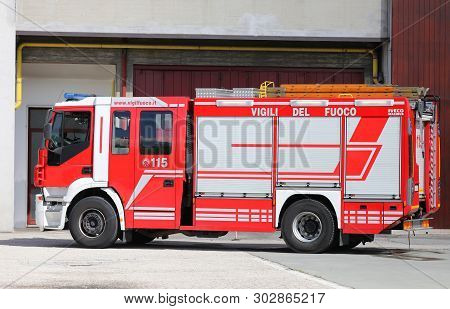 Rome, Italy - May 16, 2019: Red Fire Engine Of Italian Firefighters With The Number 115 To Call In A