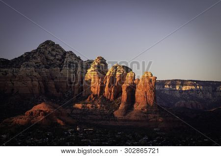 Coffee Post Formation Near Wilson Mountain And Suburbs Of West Sedona Arizona Photographed At Sunset