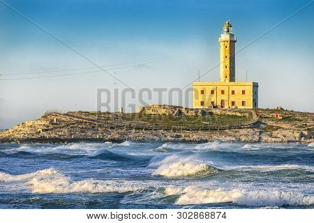 The Lighthouse Of Vieste, Rises On The Isle Of Santa Eufemia. Lighthouse In Vieste, Gargano Peninsul