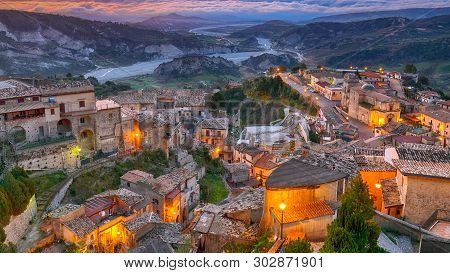 Sunrise Over Old Famous Medieval Village Stilo In Calabria. View On City And Valley. Southern Italy.