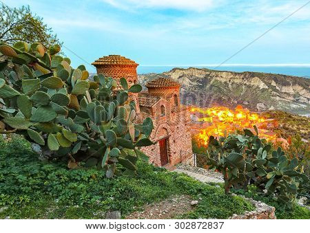 Sunrise Over Old Famous Medieval Village Stilo In Calabria. View On Church And City. Southern Italy.