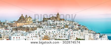 Ostuni White Town Skyline At Sunrise. Brindisi, Apulia Southern Italy. Europe.