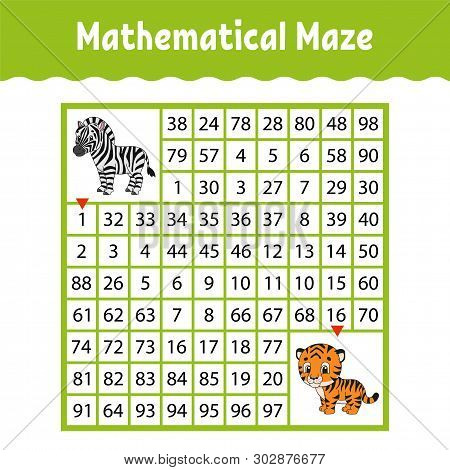 Mathematical Maze. Game For Kids. Funny Labyrinth. Education Developing Worksheet. Activity Page. Pu