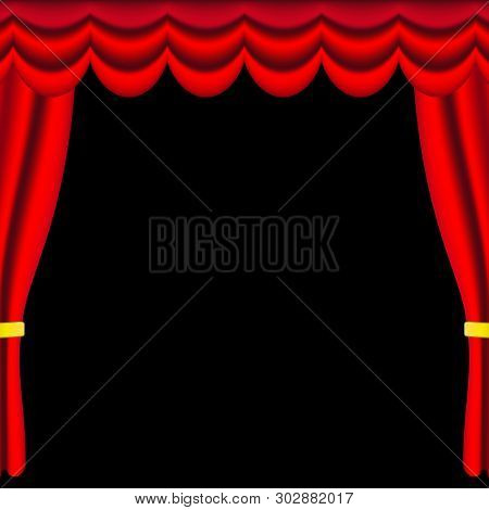 Vector Illustration. Red Georgeus Curtains And Draperies With Gold Ribbens On Black Background