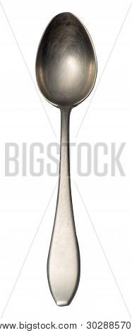Spoon Isolated On White Background. Metal Spoon. Vintage Spoon Cutlery Front Top Ivew