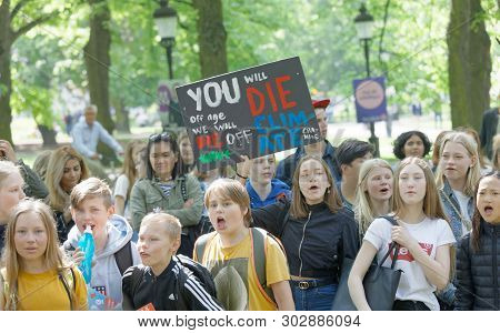 Stockholm, Sweden - May 24, 2019: Greta Thunberg And The Global Strike For Future, A Demonstration T