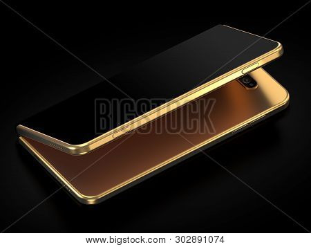 Concept Of Foldable Smartphone Folding On The Longer Side. Flexible Smartphone Isolated On Black Bac