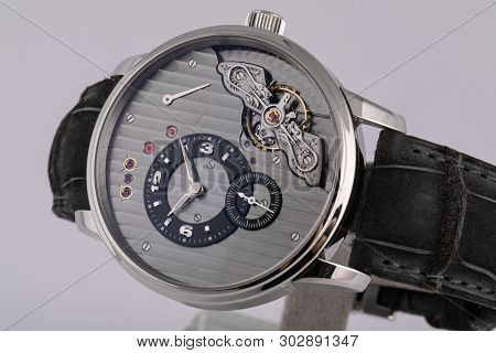 Mens Silver Watch With A Grey Dial, Silver Clockwise, Stopwatch, With A Black Leather Strap, Isolate