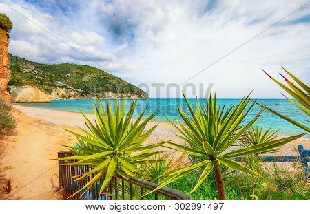 Vignanotica Beach On The Coast Of Gargano National Park. The Most Beautiful Coasts Of Italy. Puglia,