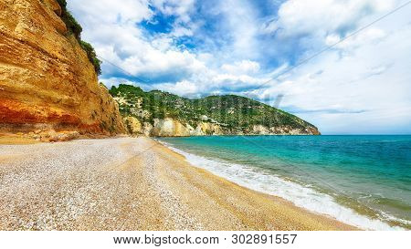 Vignanotica Beach On The Coast Of Gargano National Park. The Most Beautiful Coasts Of Italy. Puglia,