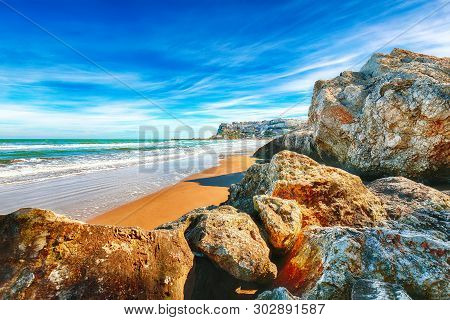 Picturesque Peschici With Wide Sandy Beach In Puglia, Adriatic Coast Of Italy. Location Peschici, Ga
