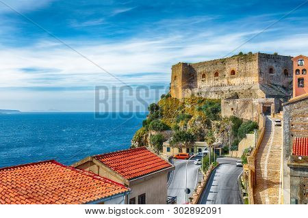 Beautiful Seaside Town Village Scilla With Old Medieval Castle On Rock Castello Ruffo, Colorful Trad
