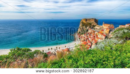 Beautiful Seaside Town Village Scilla With Old Medieval Castle On Rock Castello Ruffo, Colorful Trad