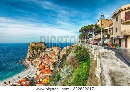 Beautiful Seaside Town Village Scilla With Old Medieval Castle On Rock Castello Ruffo, Colorful Trad