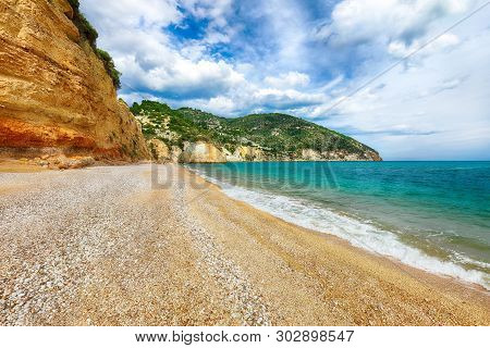 Vignanotica Beach On The Coast Of Gargano National Park. The Most Beautiful Coasts Of Italy. Puglia,