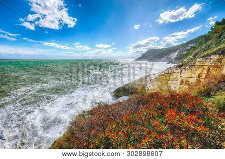 Above The Cliffs At The Coastline Of Vieste. Summer Rocky Sea Coast Baia Di Campi Vieste On The Garg