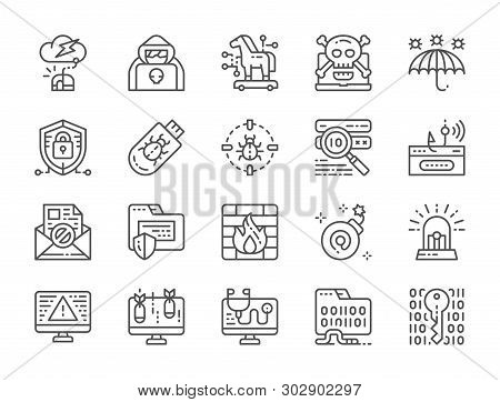 Set Of Cyber Security Line Icons. Spy Agent, Trojan Horse, Cryptography And More