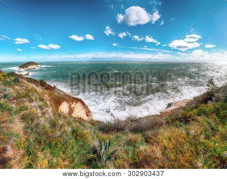Above The Cliffs At The Coastline Of Vieste. Summer Rocky Sea Coast Baia Di Campi Vieste On The Garg
