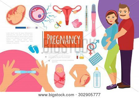 Flat Pregnancy And Child Birth Composition With Female Reproductive System Sperms Egg Thermometer Pa