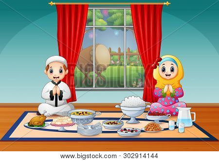 Muslim Couple Pray Together Before Break Fasting