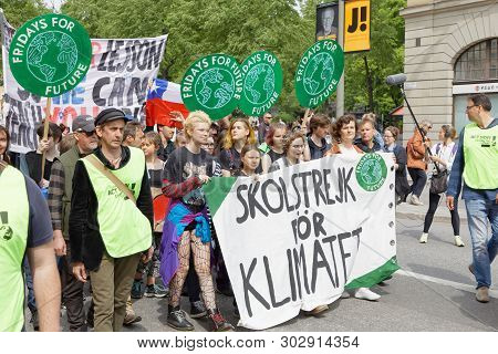 Stockholm, Sweden - May 24, 2019: Greta Thunberg And The Global Strike For Future, A Demonstration T