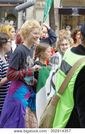 Stockholm, Sweden - May 24, 2019: Greta Thunberg And The Global Strike For Future, A Demonstration T
