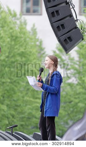 Stockholm, Sweden - May 24, 2019: Greta Thunberg And The Global Strike For Future, A Demonstration T