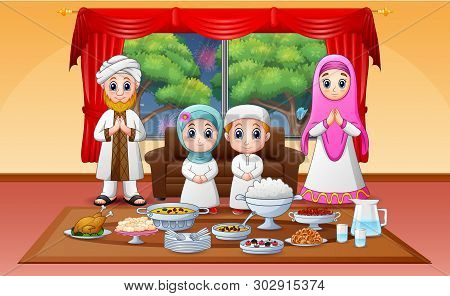 Iftar On Holy Month Of Ramadan With Muslim Family Enjoying Feast