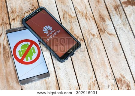 Kuala Lumpur, Malaysia, May 25, 2019: Huawei Phones With No Android Signage,  And Another With Hongm