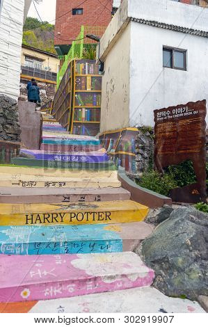 Busan, South Korea - April 2019: Tourists Visiting Gamcheon Culture Village, Famous Attraction With