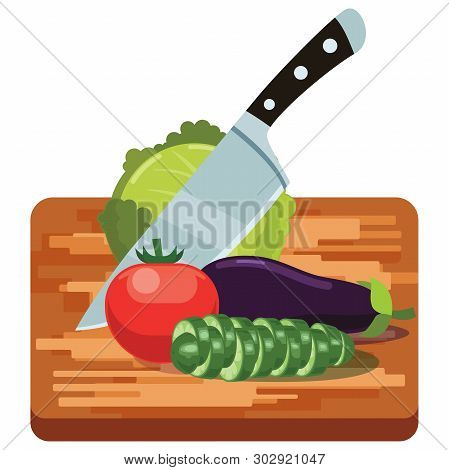 Fresh Vegetables On Woden Cutting Board With Knife