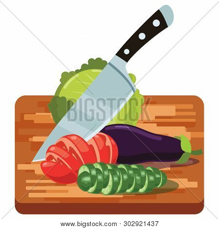 Fresh Vegetables On Woden Cutting Board With Knife